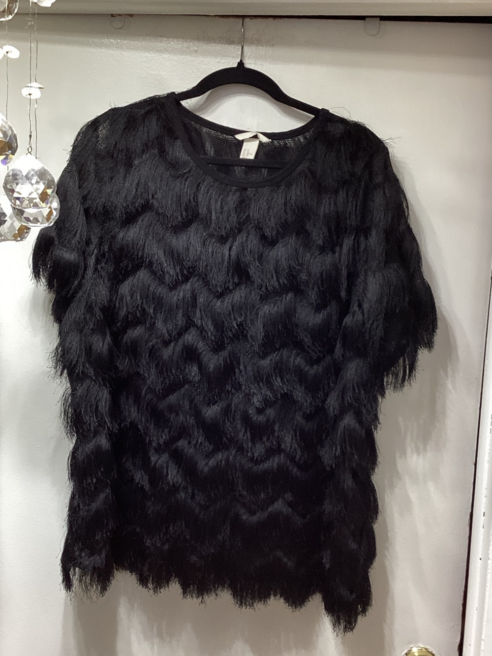 H&M Black Faux-Fur Textured Short-Sleeve Top